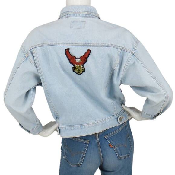 Vintage Jordache Light Wash Harley Davidson Eagle Trucker Denim Jean Jacket - Picture 1 of 9